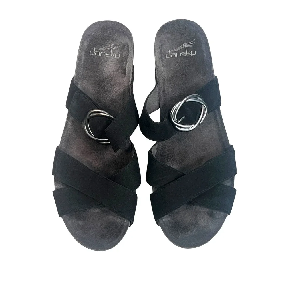 Dansko Sandals‎ Black Nubuck Strap Wedge Faux Buckle EU 40 9.5-10 US Susie